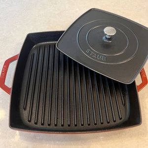 Staub Enameled Cast Iron 13” Grill Pan and Enameled  Grill Press